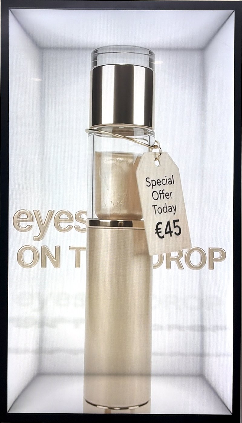 Serum bottle with a price tag floating inside a Translook spatial display
